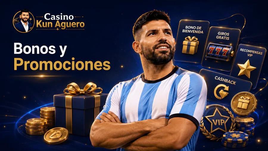 Bonos y promociones del Casino Kun Aguero con Agüero, regalos, giros gratis, monedas y fichas