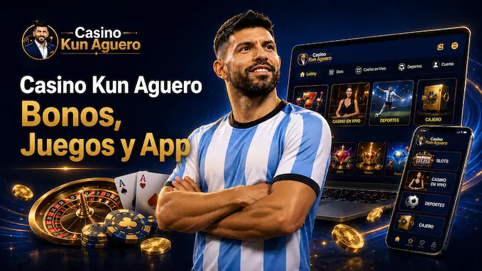 Casino Kun Aguero con Agüero en camiseta argentina, bonos, juegos, app móvil, ruleta y fichas de casino