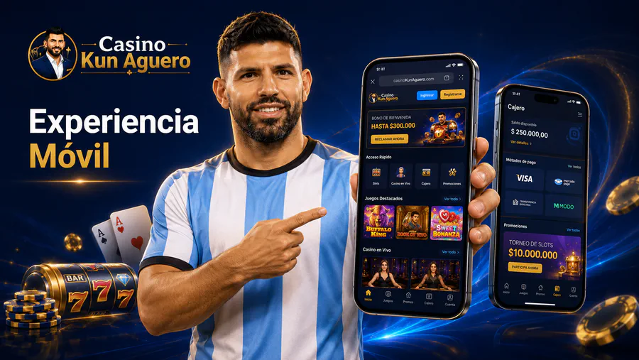 Experiencia móvil de Casino Kun Aguero con Agüero mostrando app, slots, casino en vivo y cajero