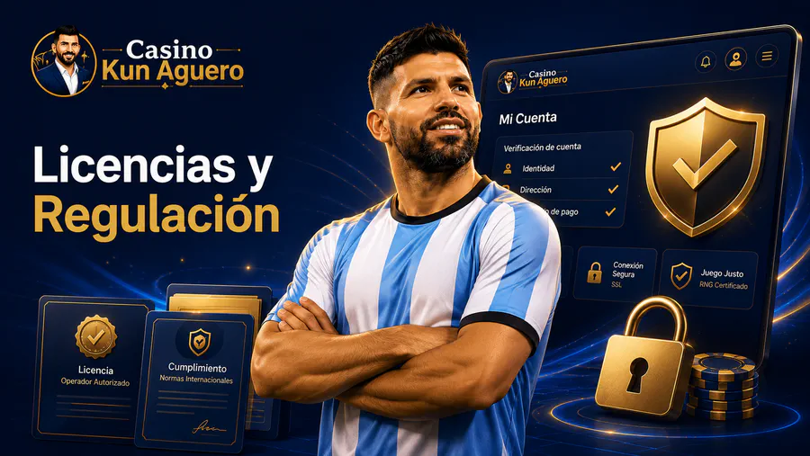 Licencias y regulación del Casino Kun Aguero con panel seguro, escudo, verificación y candado