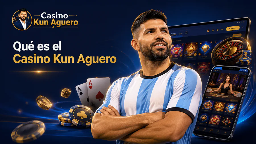 Imagen sobre qué es el Casino Kun Aguero con Agüero, app móvil, slots, ruleta y fichas